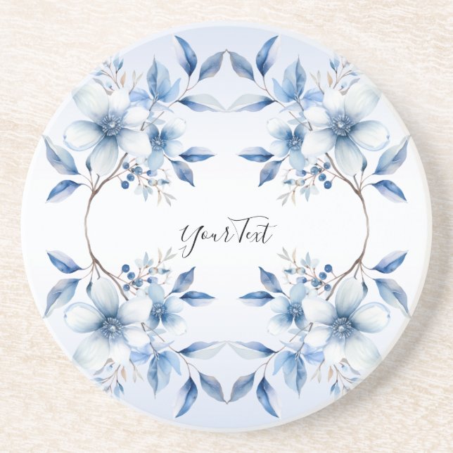 Botanical Blue Flowers Sandstone Coaster (Front)