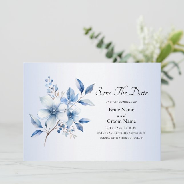 Botanical Blue Flowers Save The Date (Standing Front)
