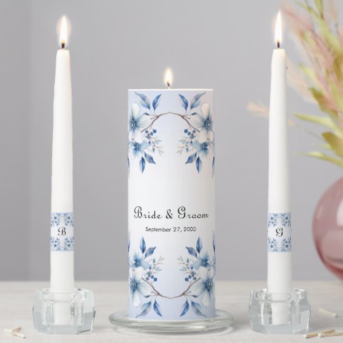 Botanical Blue Flowers Unity Candle Set
