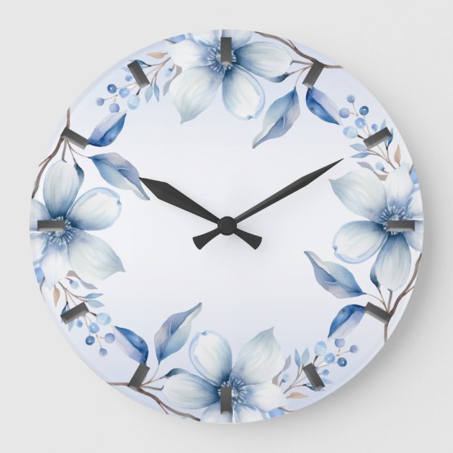 Botanical Blue Flowers Wall Clock (Front)