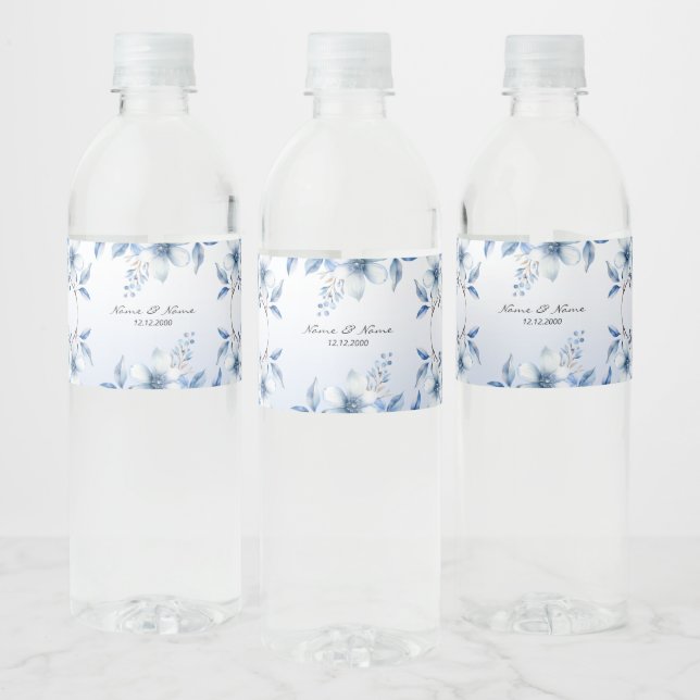 Botanical Blue Flowers Water Bottle Label (Bottles)