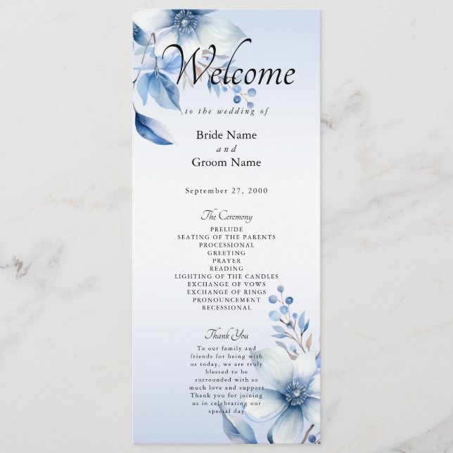 Botanical Blue Flowers Wedding Program (Front)
