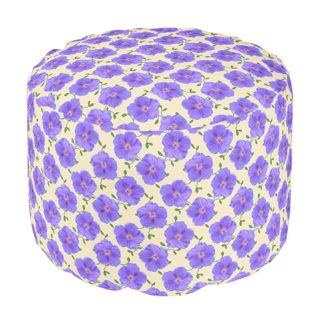 Botanical Blue Geranium Floral Pattern Pouf (Angled Front)