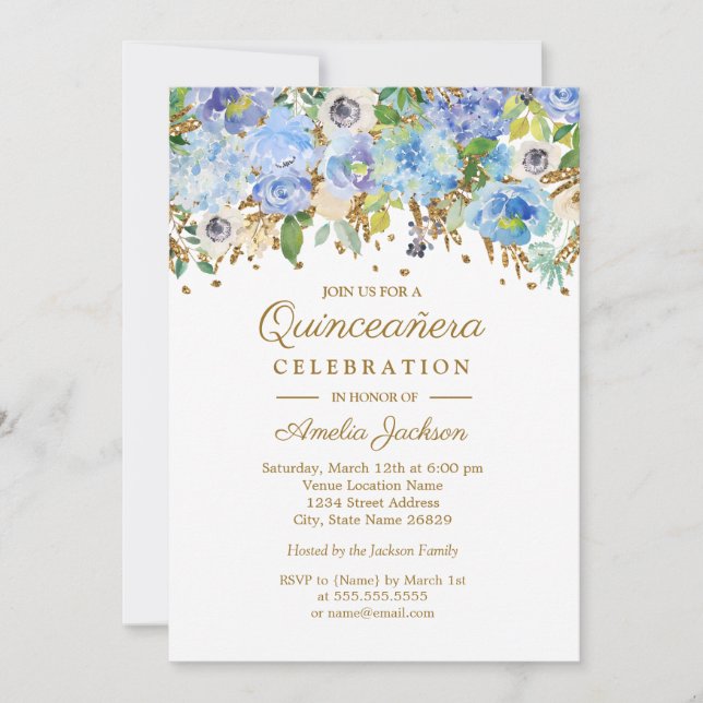 Botanical Blue Gold Floral Quinceanera Invitation (Front)