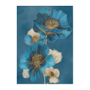 Botanical Blue Gold Line Art Poppy Floral Acrylic