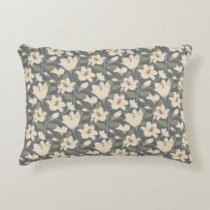 Botanical Blue Gray Beige Lily Floral Pattern   Accent Pillow