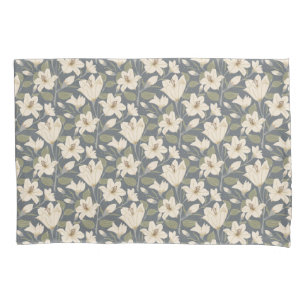 Botanical Blue Gray Beige Lily Floral Pattern Pillow Case