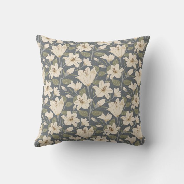 Botanical Blue Gray Beige Lily Floral Pattern   Throw Pillow (Back)