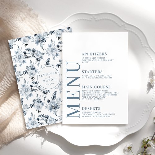 Botanical Blue Grey Floral Wedding Menu Cards