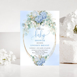 Botanical Blue Hydrangea Eucalyptus Baby Shower Invitation
