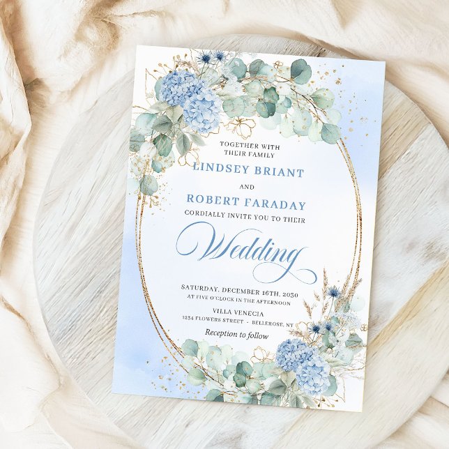 Botanical Blue Hydrangea Eucalyptus Wedding Invite (Botanical Blue Hydrangea Eucalyptus Wedding Invitation)