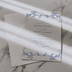Botanical Blue Line Art Elegant Wedding Invitation