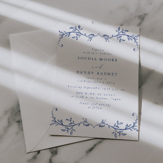 Botanical Blue Line Art Elegant Wedding Invitation