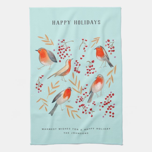 Botanical Blue red Birds Robin Christmas Holiday Kitchen Towel