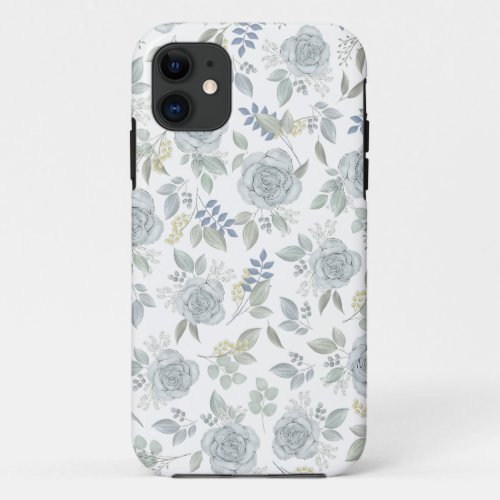 Botanical Blue Roses Watercolor Floral Pattern  iPhone 11 Case
