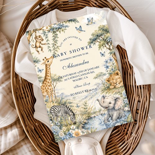 Botanical Blue Safari Boy Baby Shower Invitation