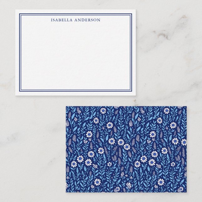 Botanical Blue White Floral Pattern Personalized Note Card (Front/Back)