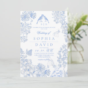 Botanical Blue White Rustic Wildflowers Wedding Invitation