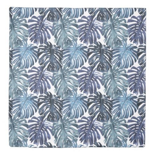 Botanical Blue White Tropical Leaves Print Duvet Cover