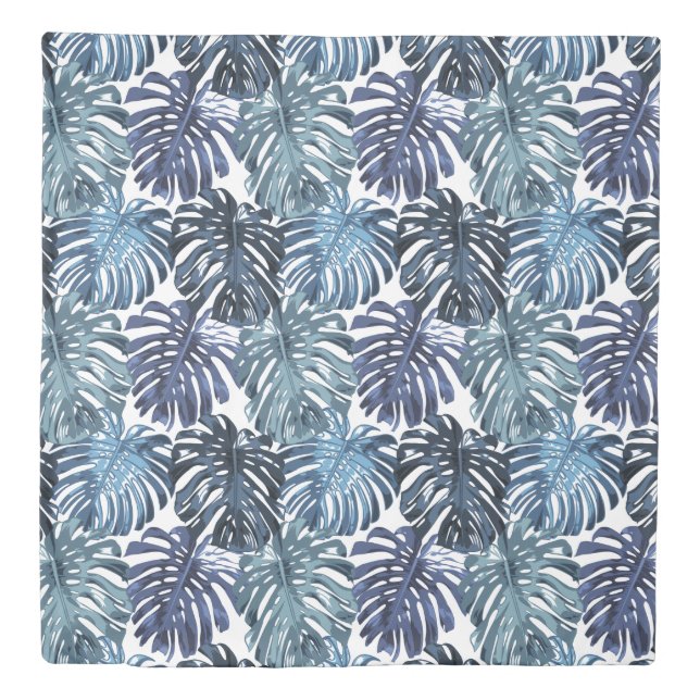 Botanical Blue White Tropical Leaves Print Duvet Cover (Front)