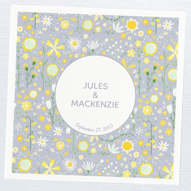 Botanical Blue Wildflower Floral Pattern Napkins (Personalized custom name and wedding date paper party napkin)