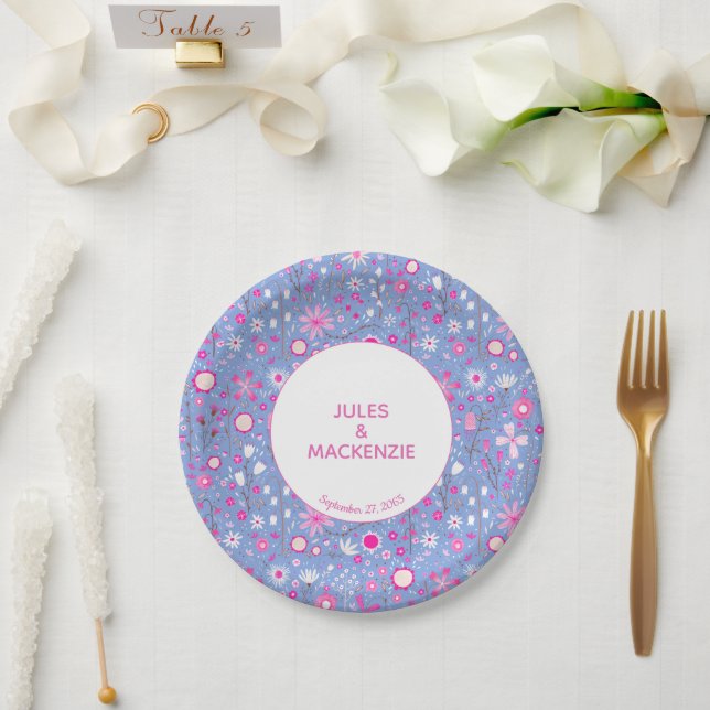 Botanical Blue Wildflower Floral Pattern Paper Plates (Wedding)