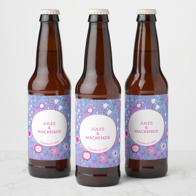 Botanical Blue Wildflower Floral Pattern Wedding Beer Bottle Label (Bottles)
