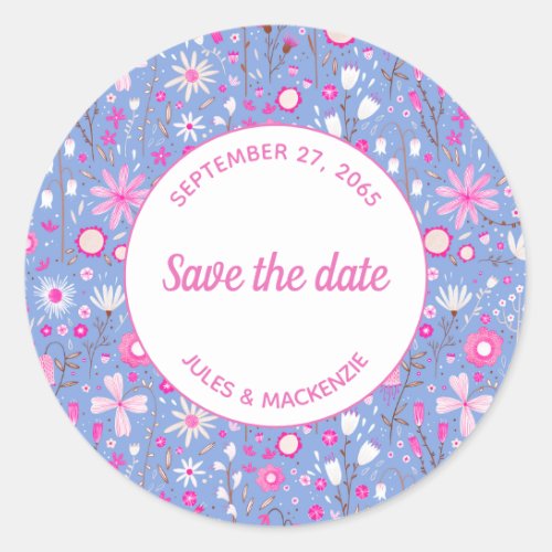 Botanical Blue Wildflower Floral Save the Date Classic Round Sticker