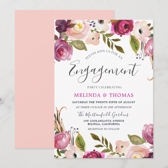 Botanical Blush Floral Elegant Engagement Party Invitation (Front/Back)