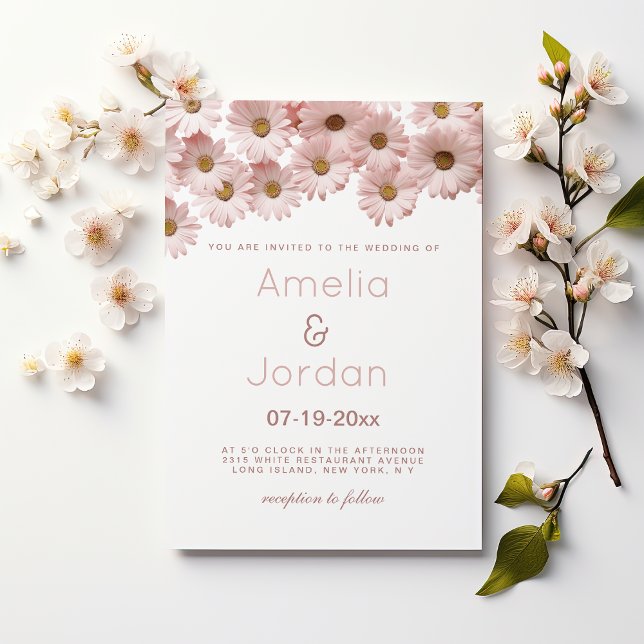 Botanical blush pink brown daisy floral Wedding Invitation (Botanical blush pink brown daisy floral Wedding)