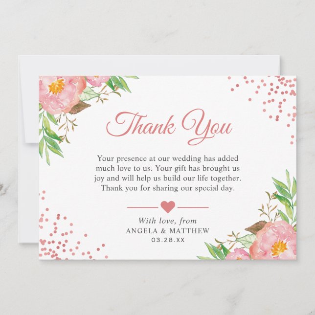 Botanical Blush Pink Floral Dots Wedding Thank You (Front)