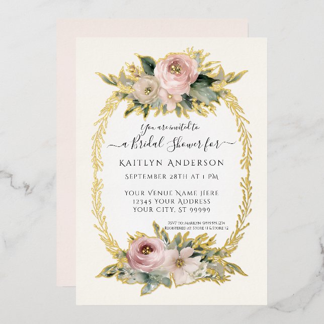 Botanical Blush Pink Flowers Elegant Bridal Shower Foil Invitation (Front/Back)