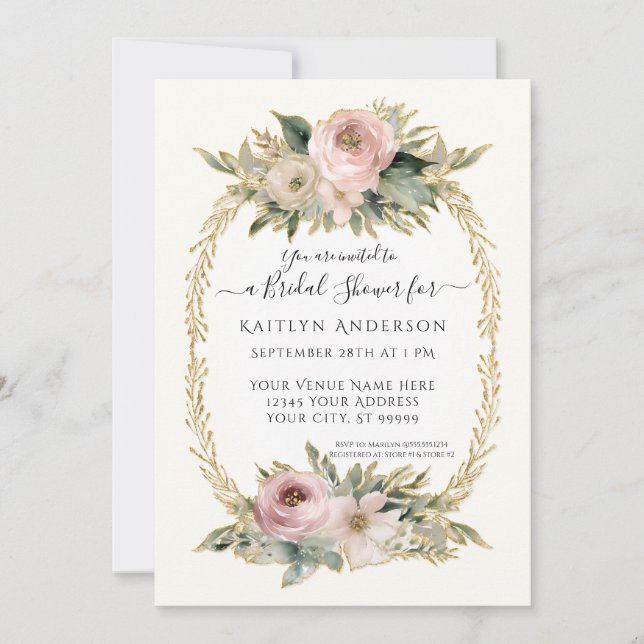 Botanical Blush Pink Flowers w Gold Bridal Shower (Front)