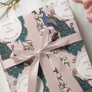 Botanical Blush Pink Wedding Peacock & Flowers Wrapping Paper
