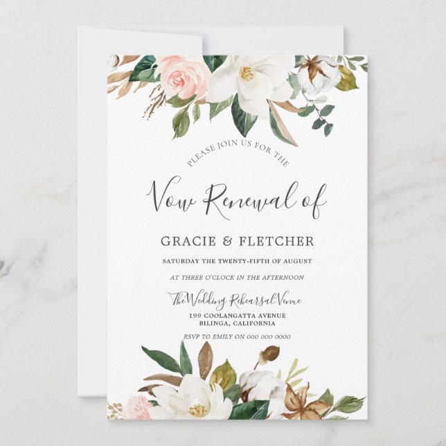 Botanical Blush White Floral Vow Renewal Invitation (Front)
