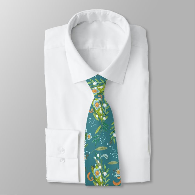 Botanical Boho Blue & Green Floral Neck Tie (Tied)
