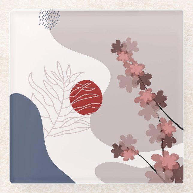 Botanical Boho Blue Magenta Glass Coaster (Front)