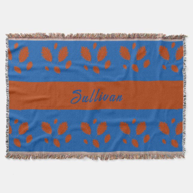 Botanical Boho Brown Leaves on Royal Blue Design Throw Blanket (Front)