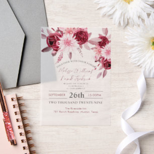 Botanical Boho Chic Flowers Blush Burgundy Wedding Vellum Invitations