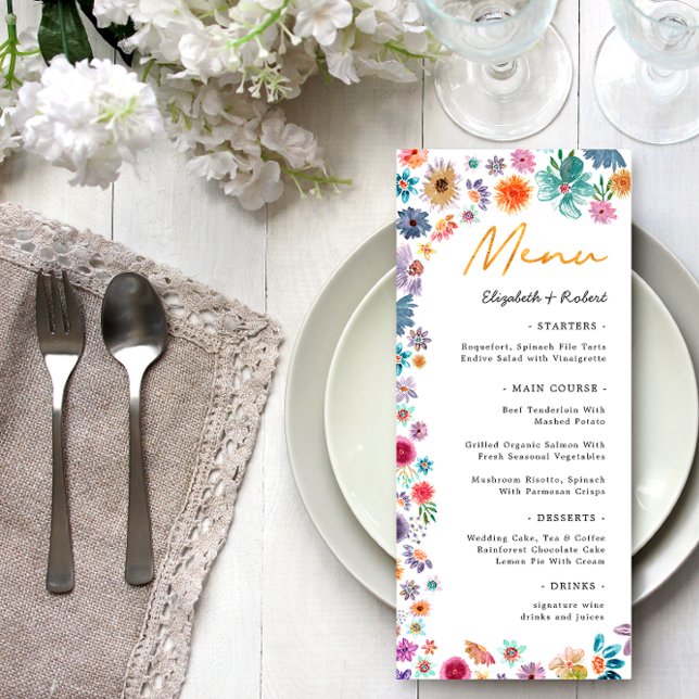 Botanical Boho Chic Wildflower Garden Wedding Menu (Front)