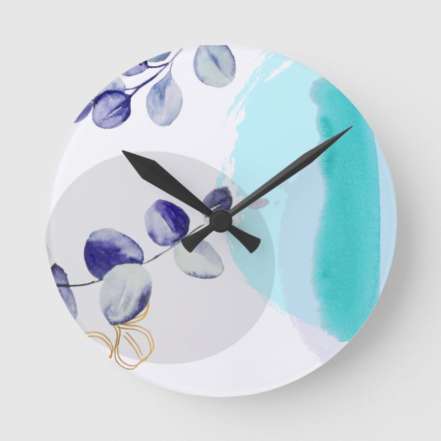 Botanical Boho Cyan Purple Round Clock (Front)