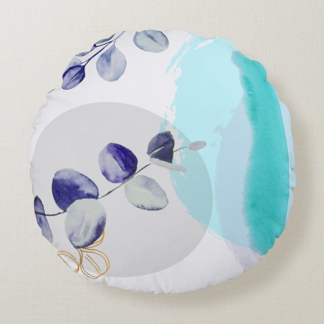 Botanical Boho Cyan Purple Round Pillow (Front)