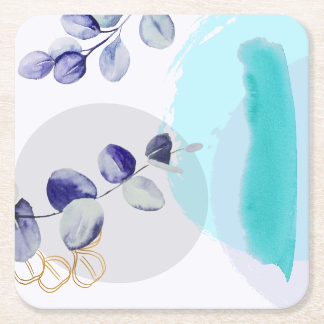 Botanical Boho Cyan Purple Square Paper Coaster (Front)