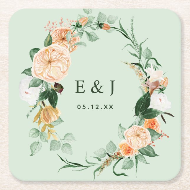 Botanical Boho Floral Greenery Monogram Wedding Sq Square Paper Coaster (Front)