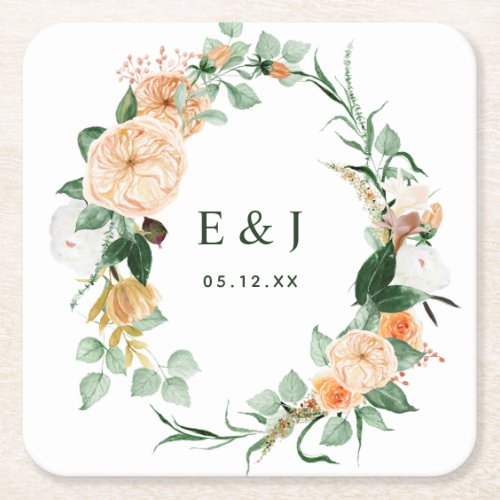 Botanical Boho Floral Greenery Monogram Wedding Square Paper Coaster