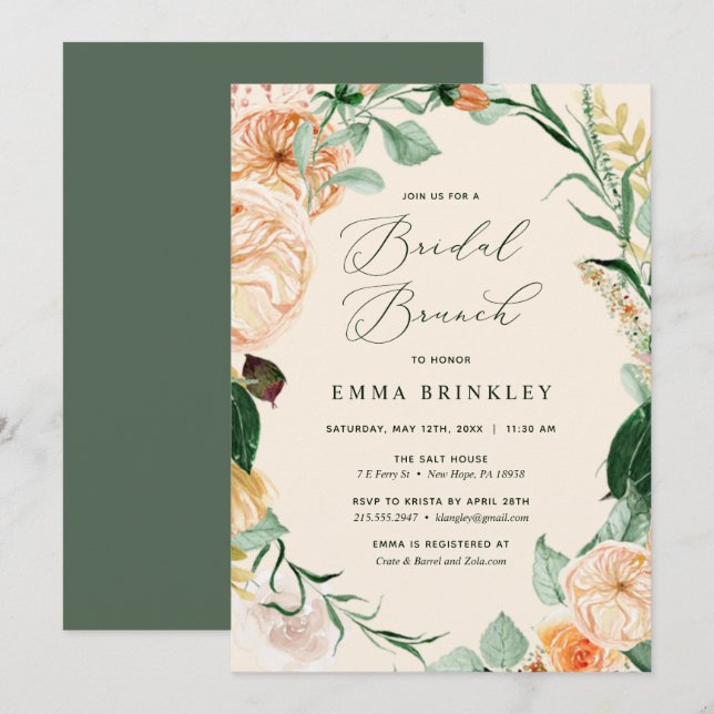 Botanical Boho Floral Neutral Peach Bridal Brunch Invitation (Front/Back)