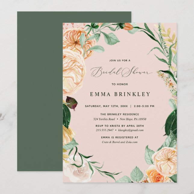 Botanical Boho Floral Pastel Blush Bridal Shower Invitation (Front/Back)