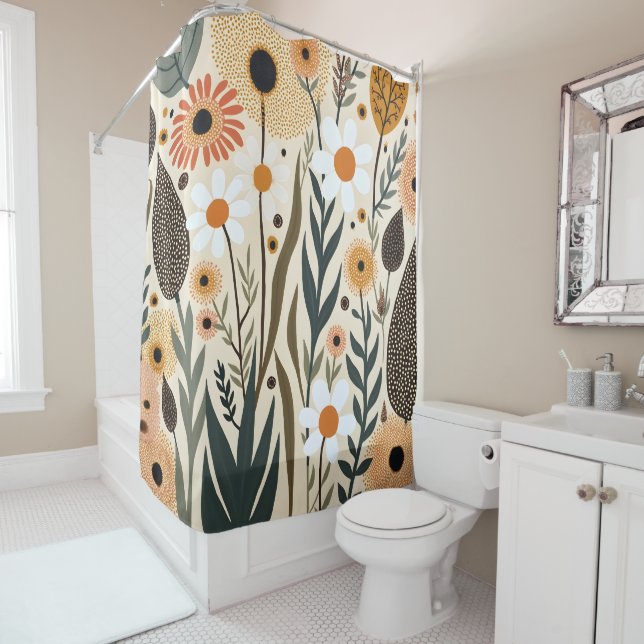 Botanical Boho Flowers Plants Design 389 Shower Curtain (In Situ)