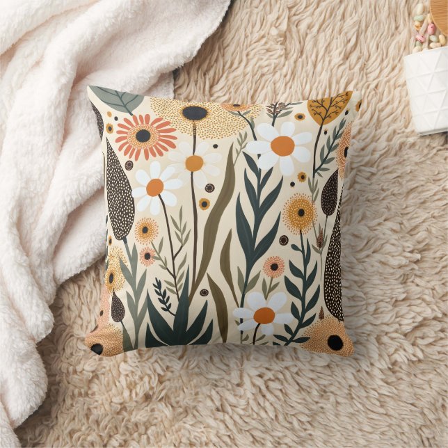 Botanical Boho Flowers Plants Design 389 Throw Pillow (Blanket)