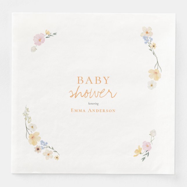 Botanical Boho flowers Script baby shower  Paper Dinner Napkins (Front)